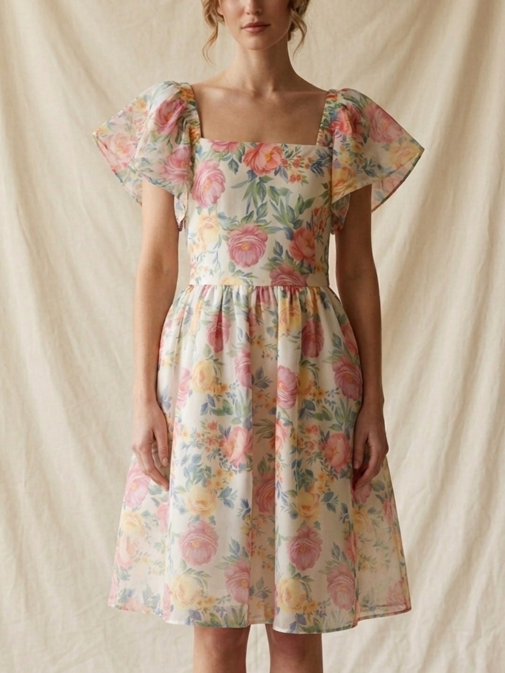 Rare Editions White Floral Party Dress with Pastel Accents